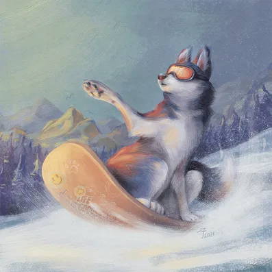 Husky on Snowboard (or Life is Good)
