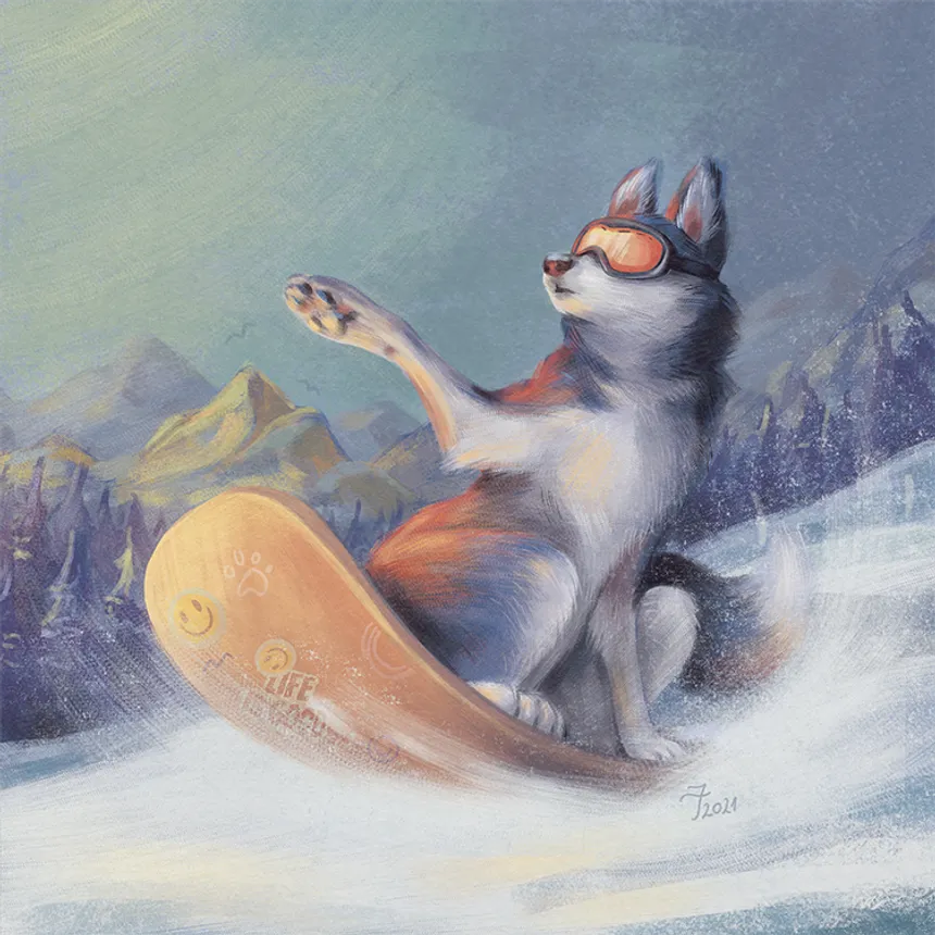 Husky on Snowboard (or Life is Good) - 1