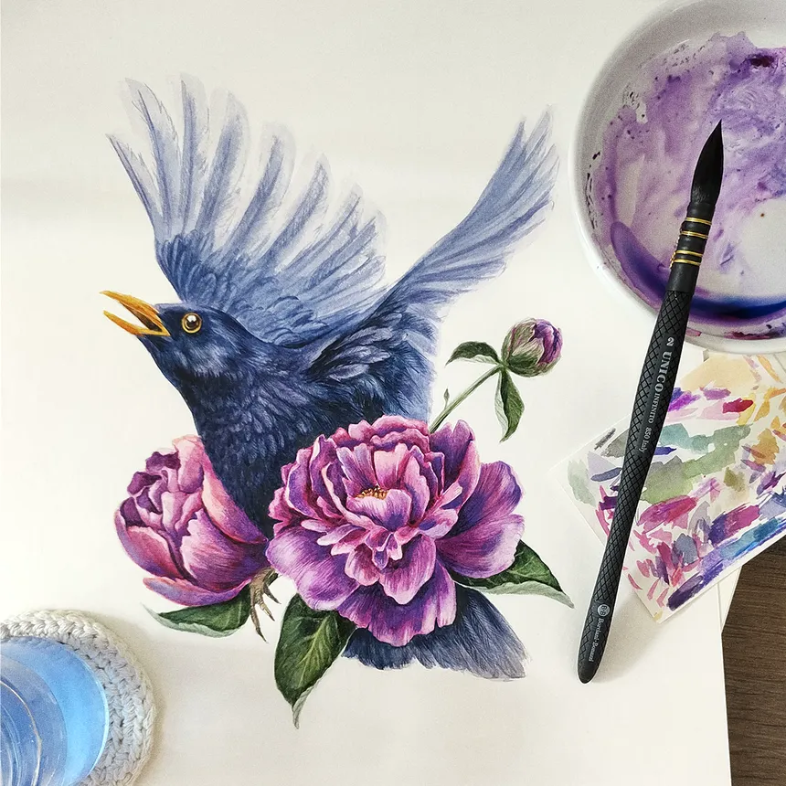 Blackbird and Peonies - 2