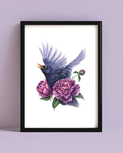 Blackbird and Peonies